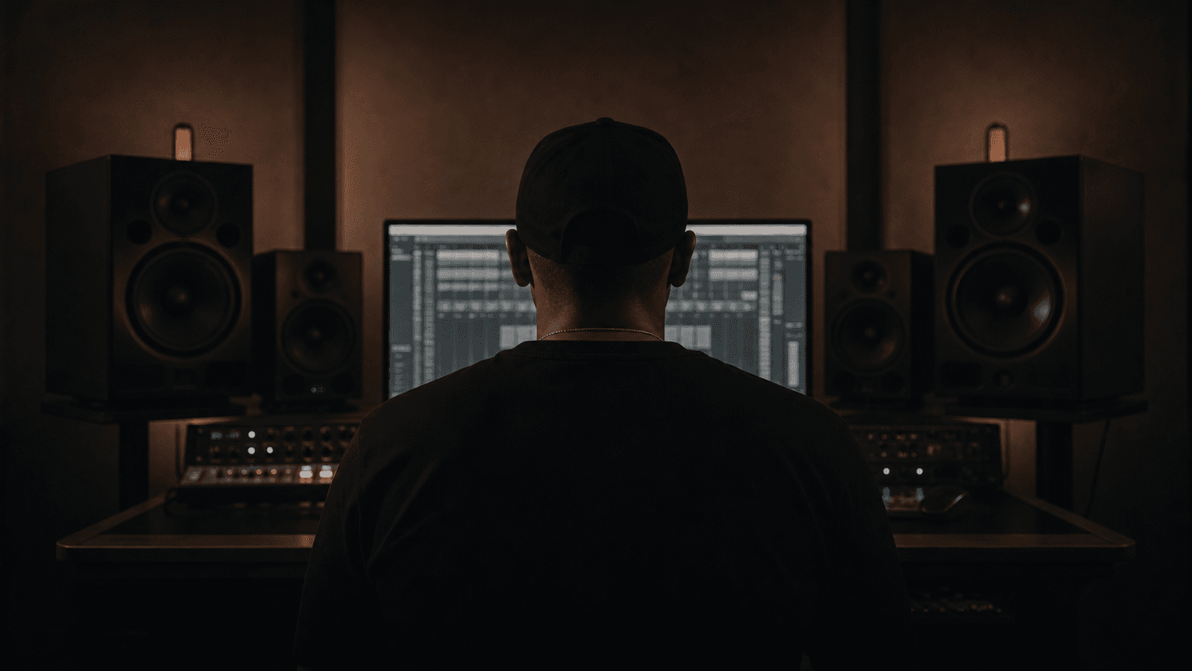 Producer seated at a music studio workstation