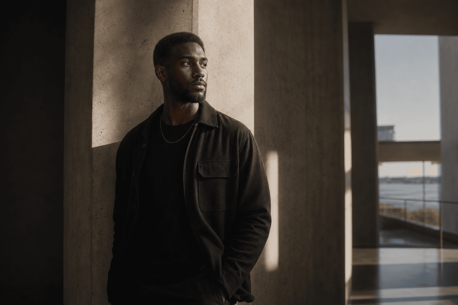 Editorial portrait in a modern architectural setting