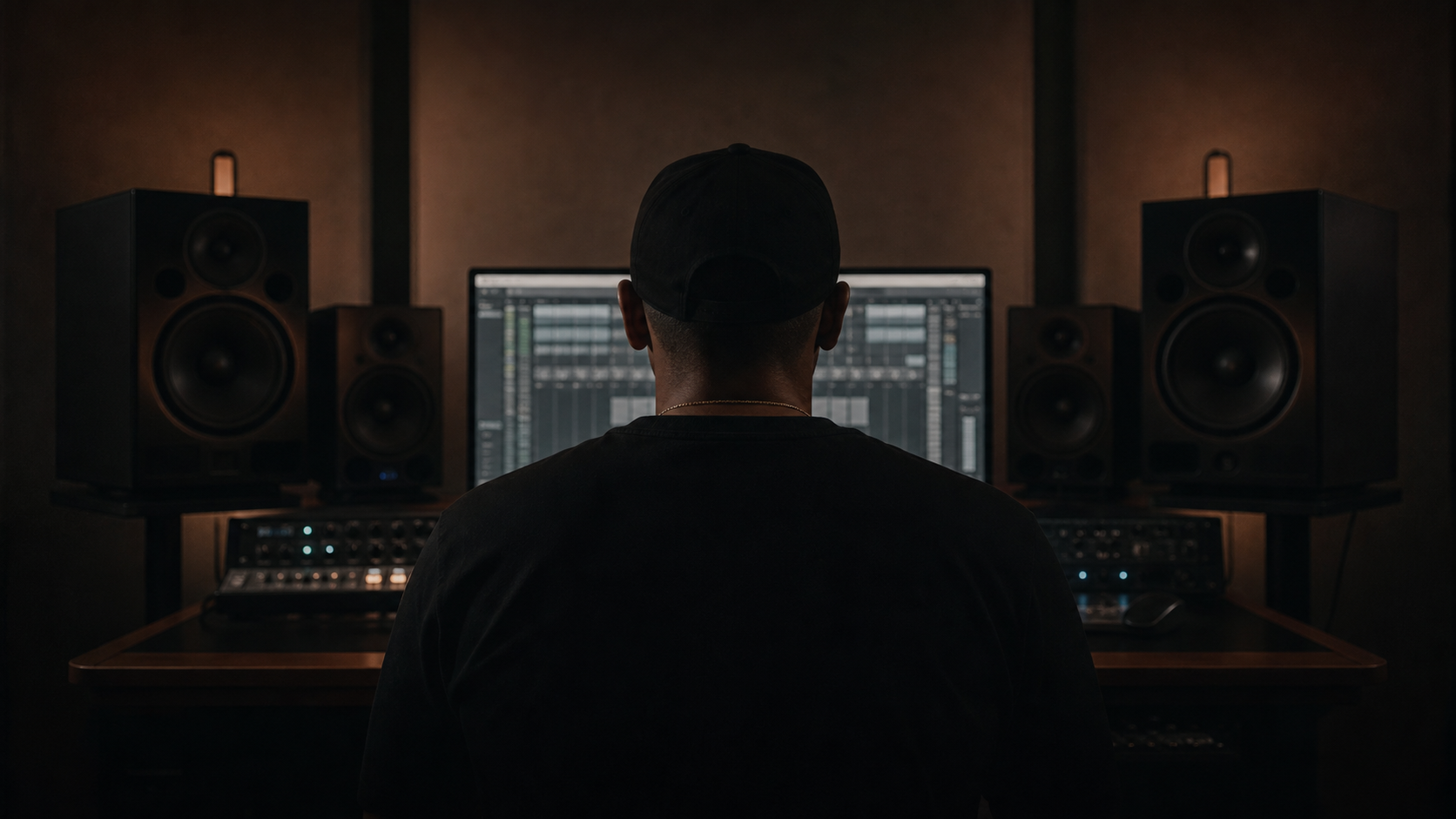Producer seated at a music studio workstation