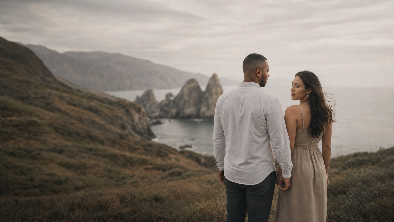 Couple photographed at a coastal overlook