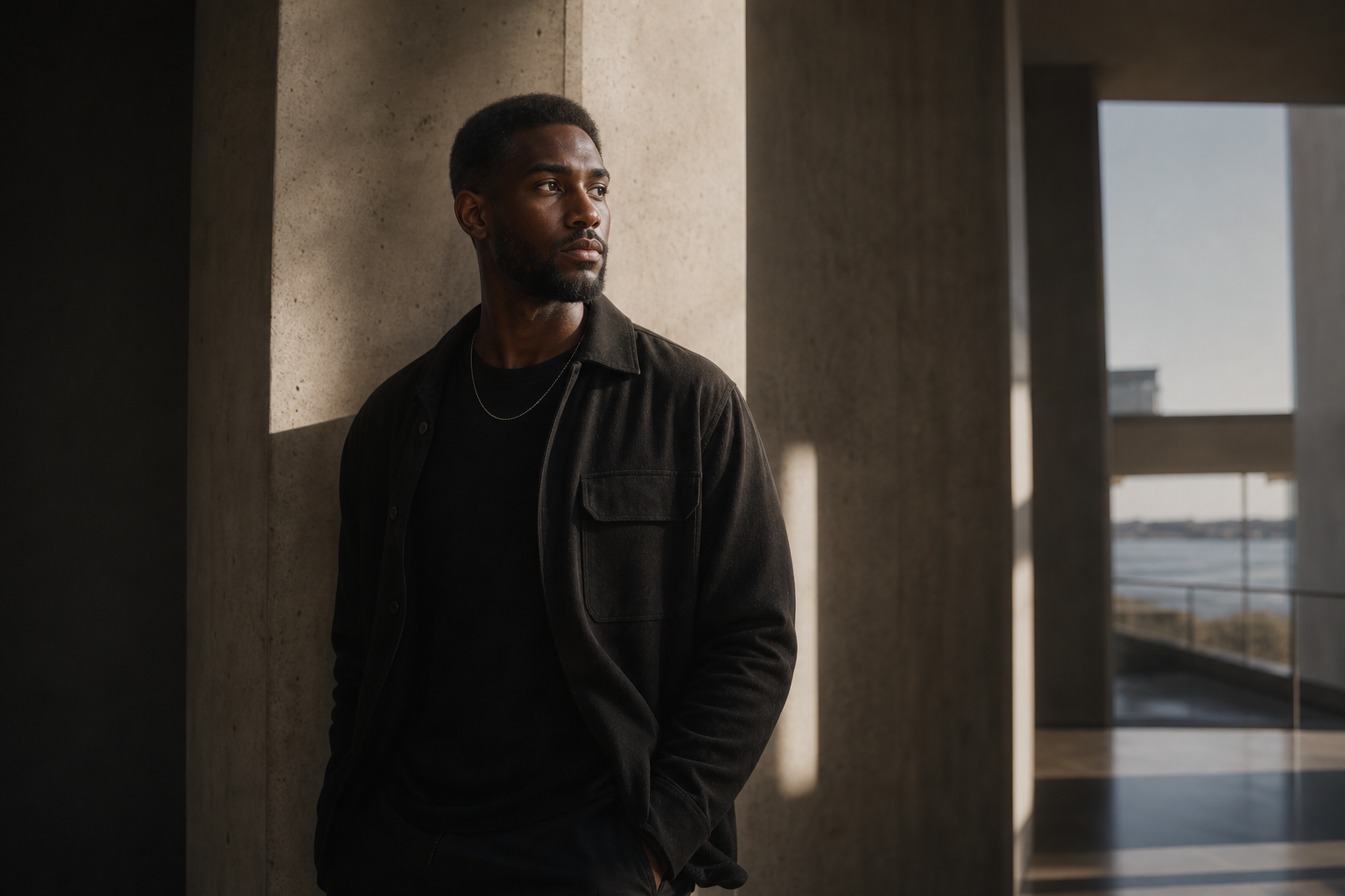 Editorial portrait in a modern architectural setting